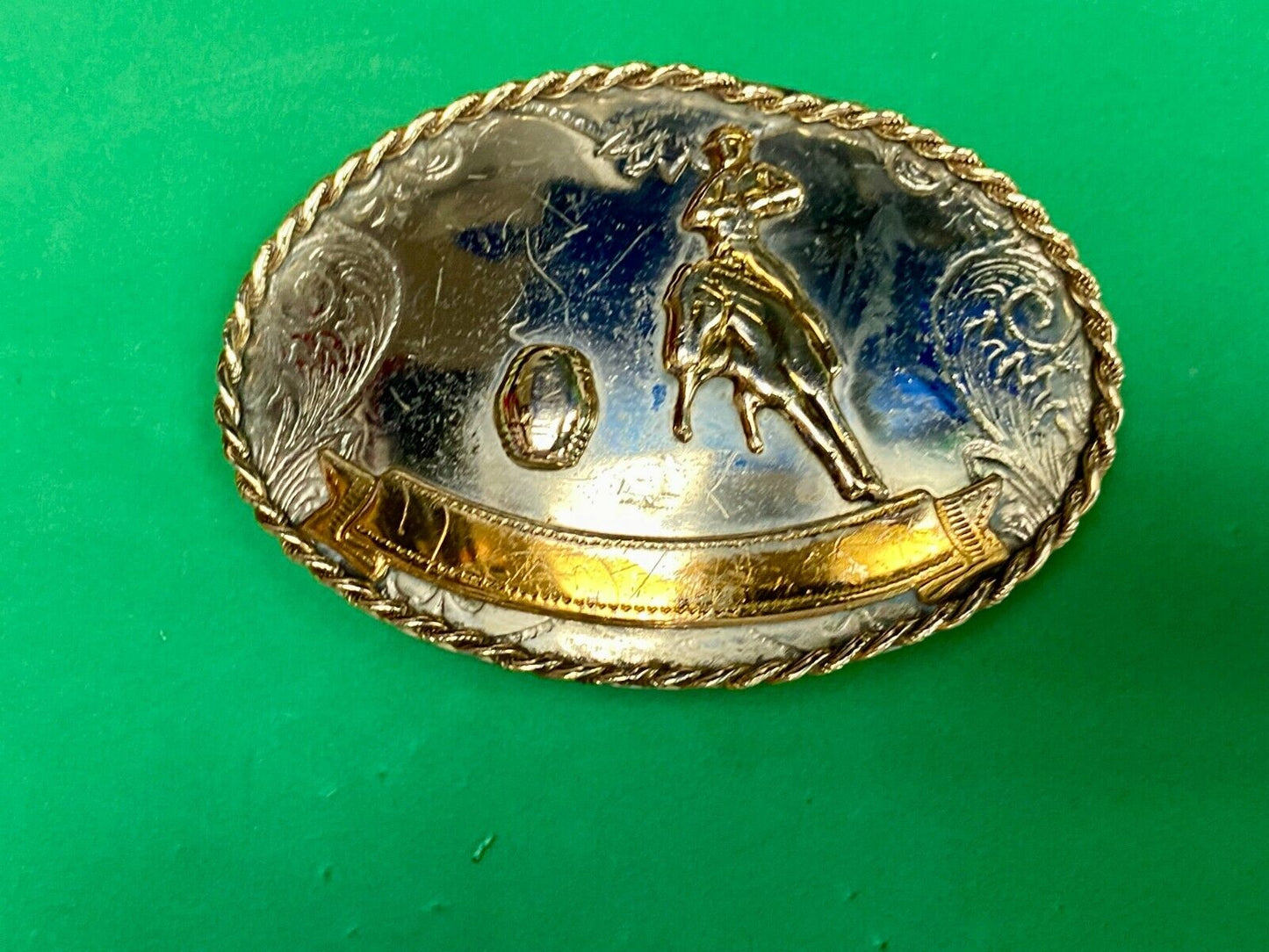 Vintage German Silver Horse Barrel Racing Western Two Tone Belt Buckle W/ Scroll