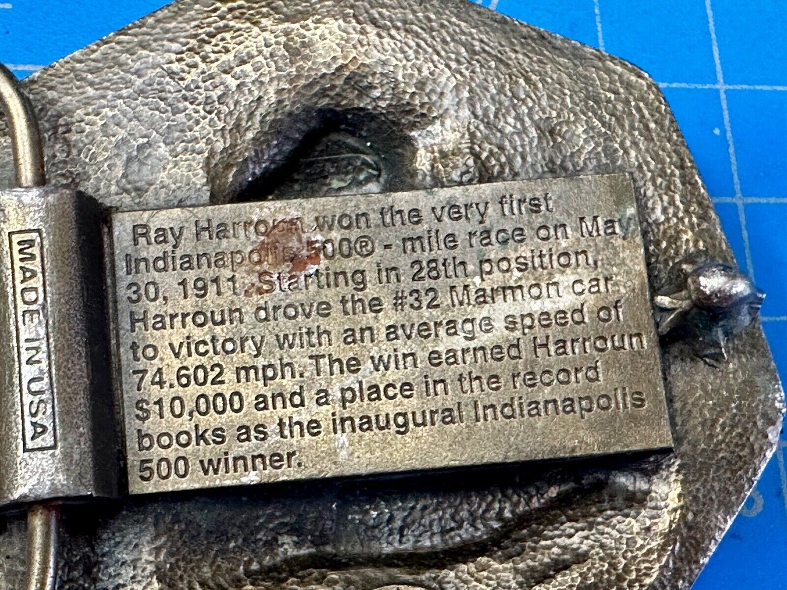 85th Indianapolis 500 Race Day First winner Ray Harrow commemorative belt buckle