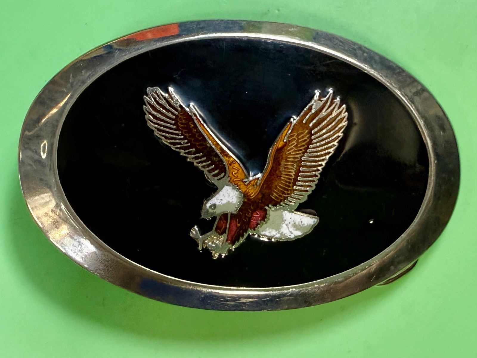 American Bald Eagle Flying Hunting Claws Black Enameled Western Oval Belt Buckle