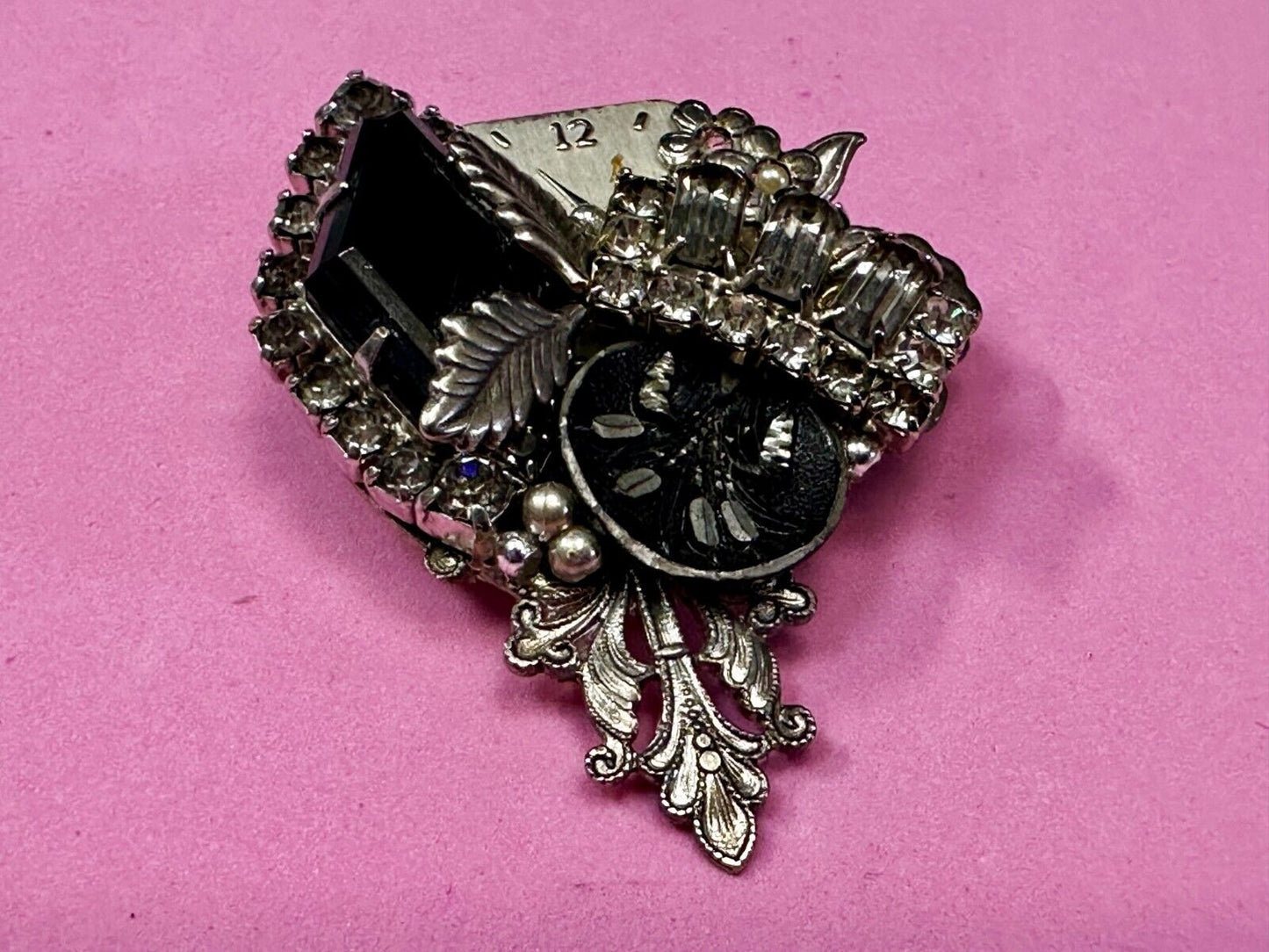 Victorian Style Flower Clocks with Rhinestone Artisan Silver Tone Brooch Pin