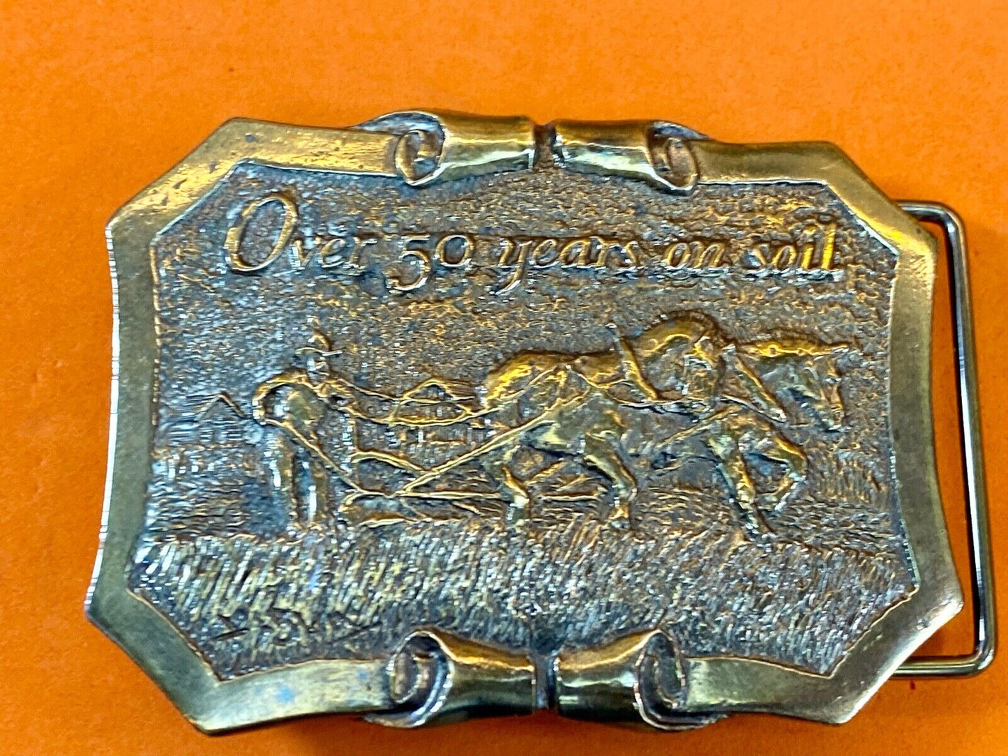 50 Years On Soil - Dahlman Belt Buckle - Field Engineered Farming Equipment 
