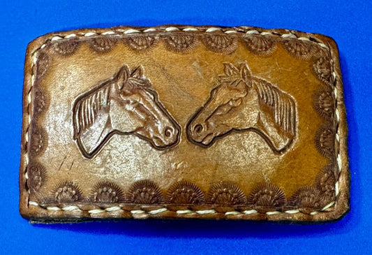 Two Horse Heads Vintage Stitched Brown Leather Rectangular Belt Buckle