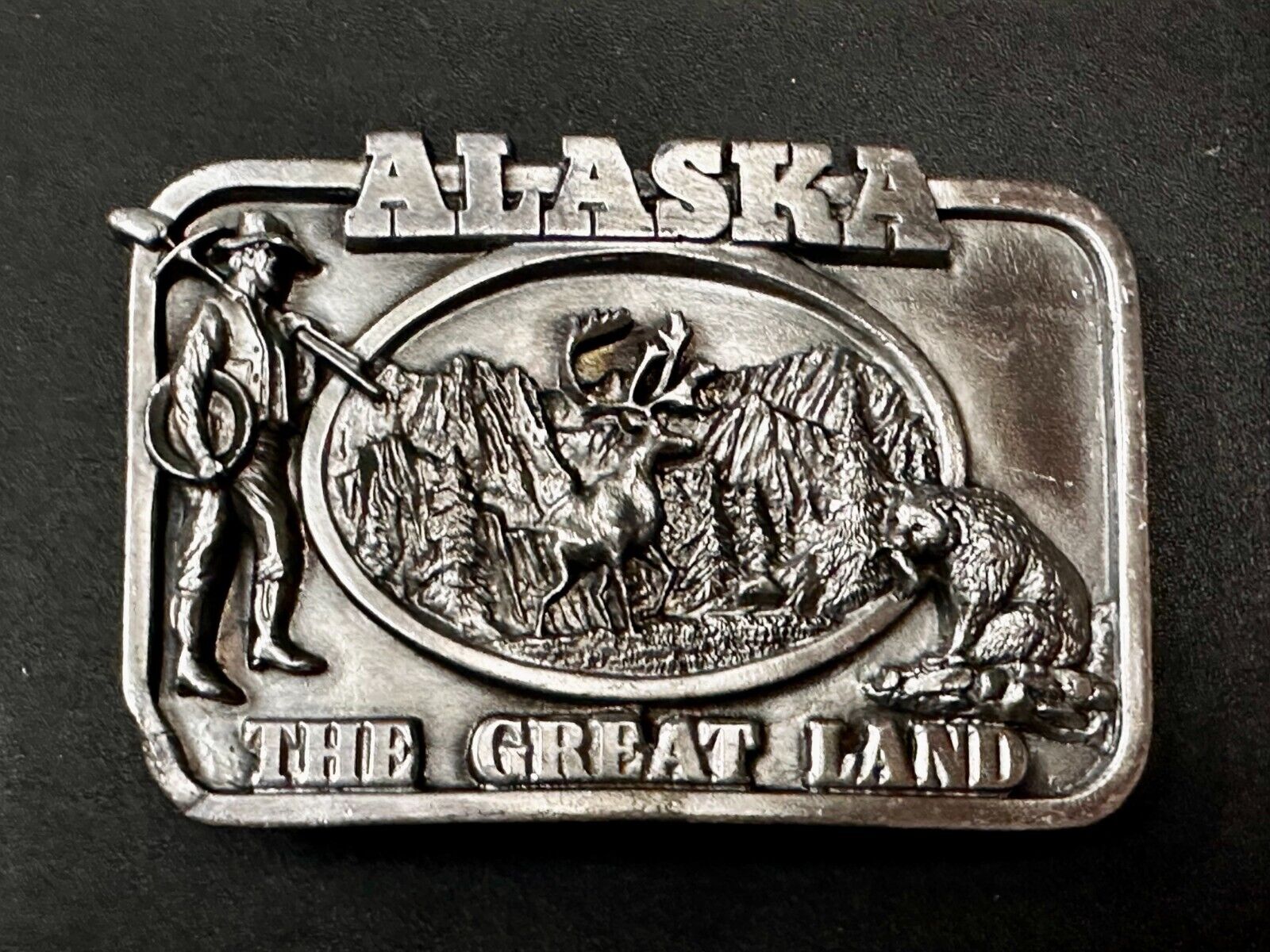 Alaska The Great Land -  Last Frontier State 1980's Siskiyou Pewter Belt Buckle