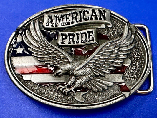 American Pride -Soaring Flying Eagle USA Flag Silver Color Patriotic Belt Buckle