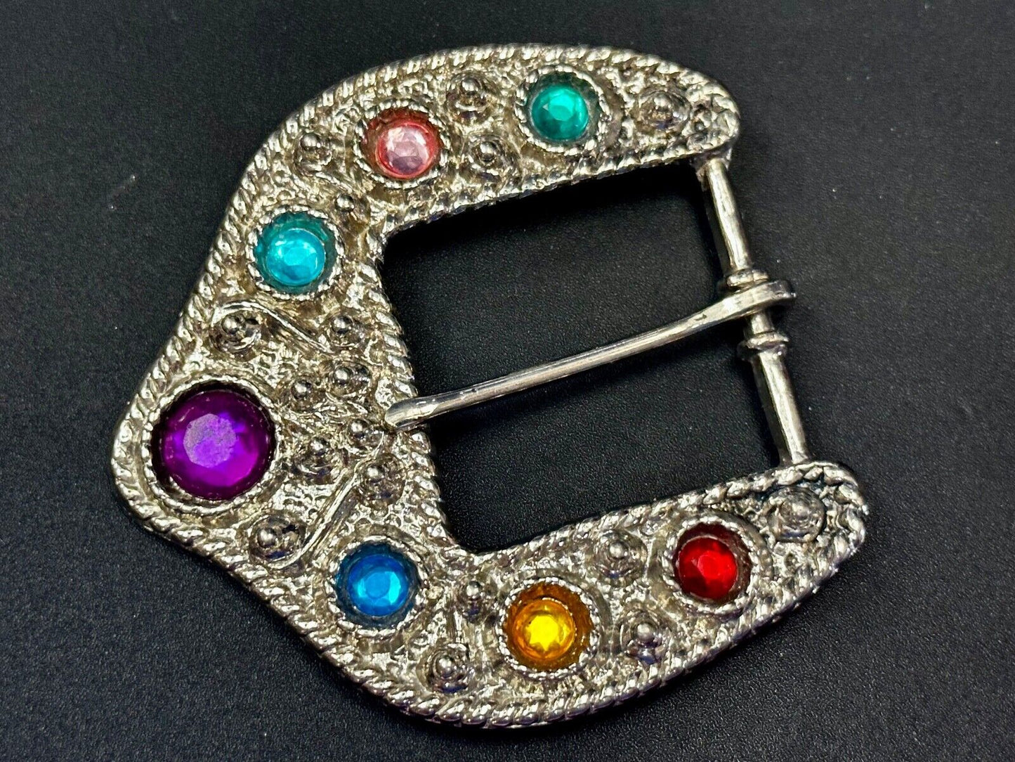 Unique Silver tone Replacement Belt Buckle w/ multi colored Rhinestone accents