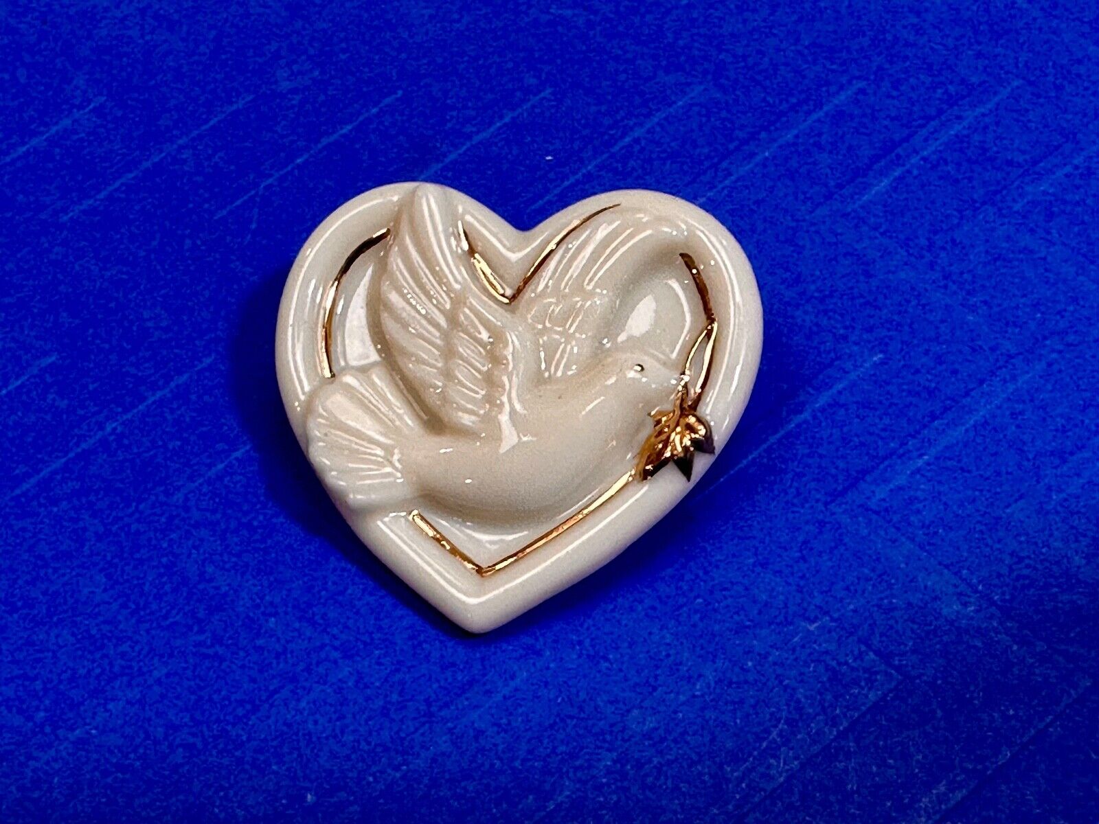 Vintage Lenox Heart Shaped Brooch with Peace Dove & Olive Branch, Gold Trim