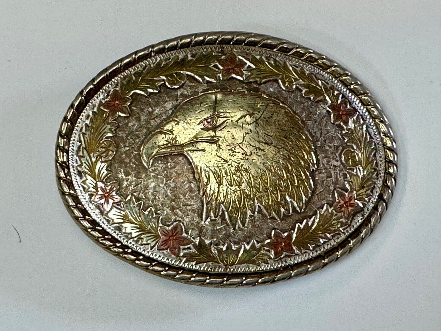 American Bald Eagle Bust profile, Mixed Color Etched belt buckle W Makers Mark