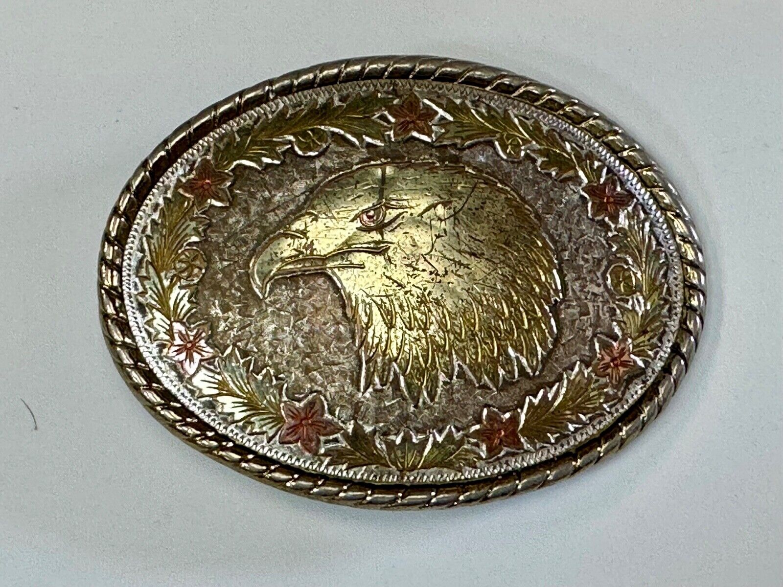 American Bald Eagle Bust profile, Mixed Color Etched belt buckle W Makers Mark
