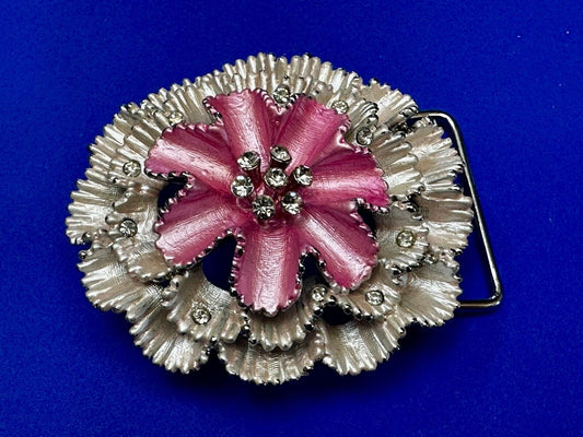 Unique Pink White Colored Flower 3D Pattern Rhinestone Accented Belt Buckle