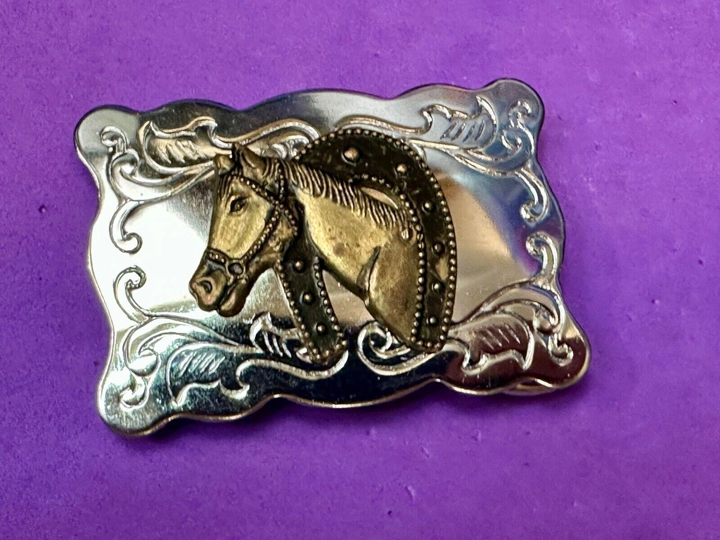 Vintage lucky horseshoe with head centerpiece on western two tone belt buckle