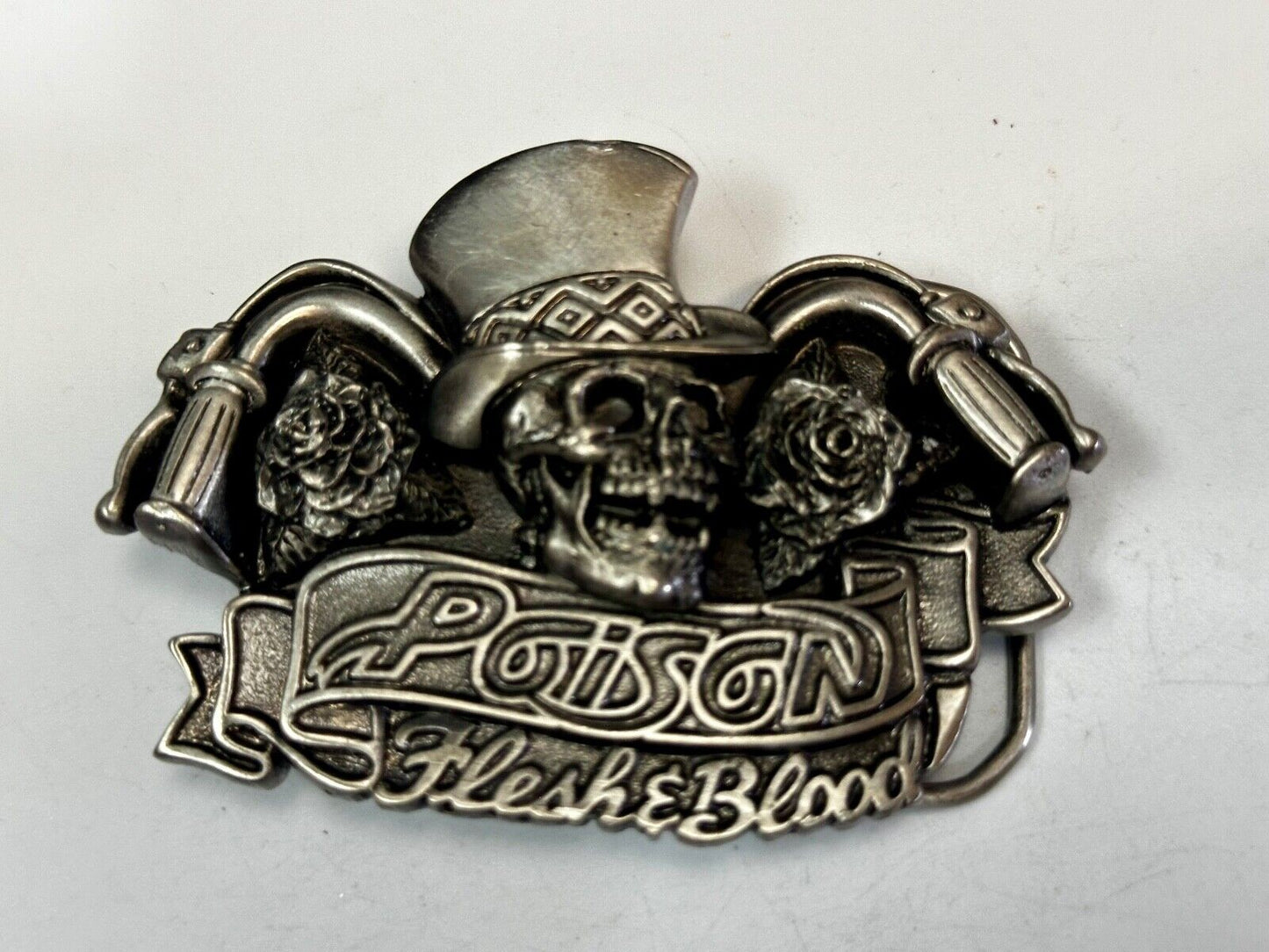 80's Poison Rock Band Skull in Top hat Rose Flesh & Blood Album 1992 Belt Buckle