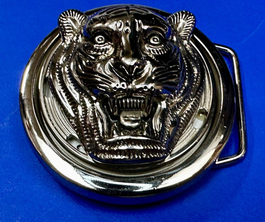 Tiger Lion's Head Figural Silver Tone Silver Color Belt Buckle - No batteries