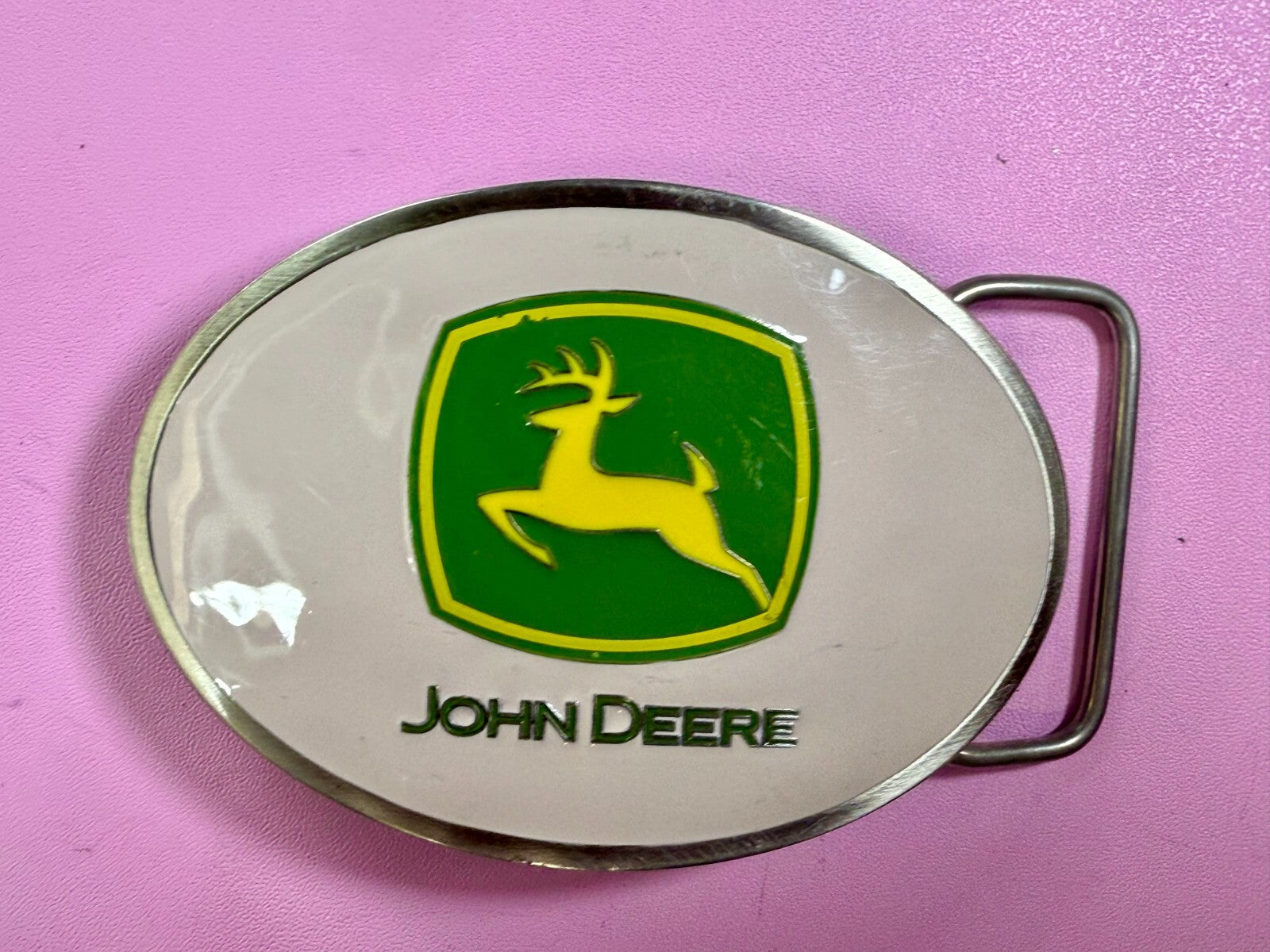 Vintage John Deere Pink Girlie Jumping Deer Logo Farm Tractors Belt Buckle