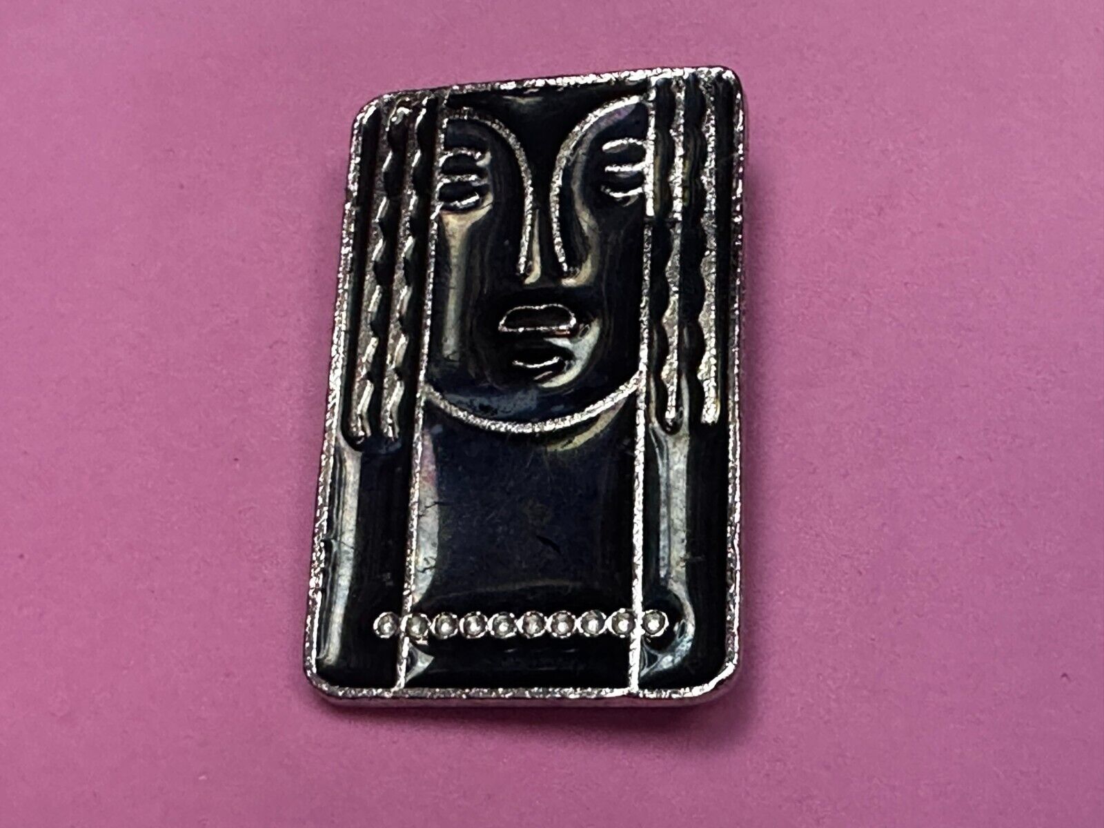 Art Deco Revival Brooch Pendant Pin Signed Ritz - Black Enamel Pewter Face