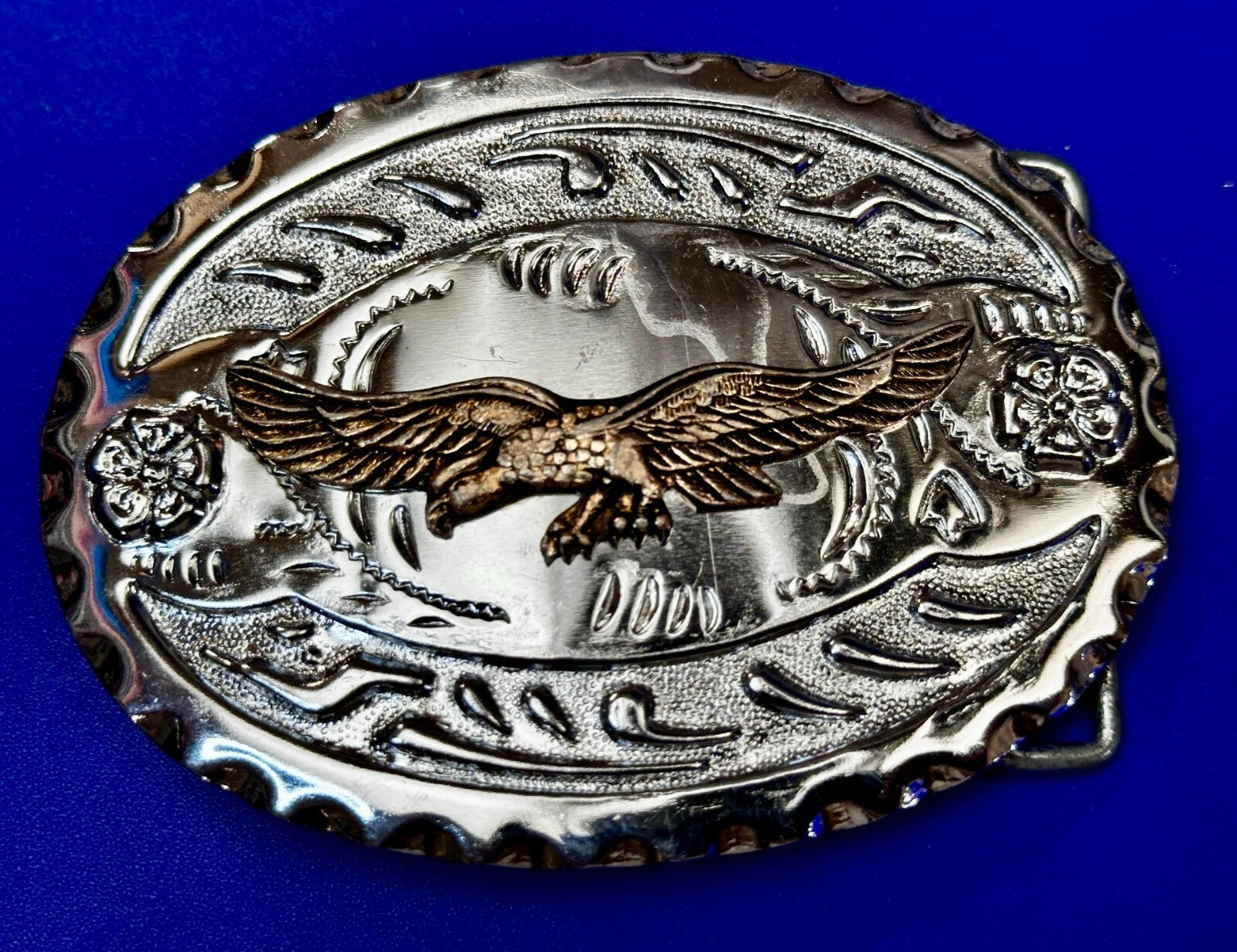 Bald Eagle Flying Hunting Diving American Two Tone Ornate Western Belt Buckle
