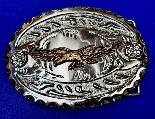 Bald Eagle Flying Hunting Diving American Two Tone Ornate Western Belt Buckle