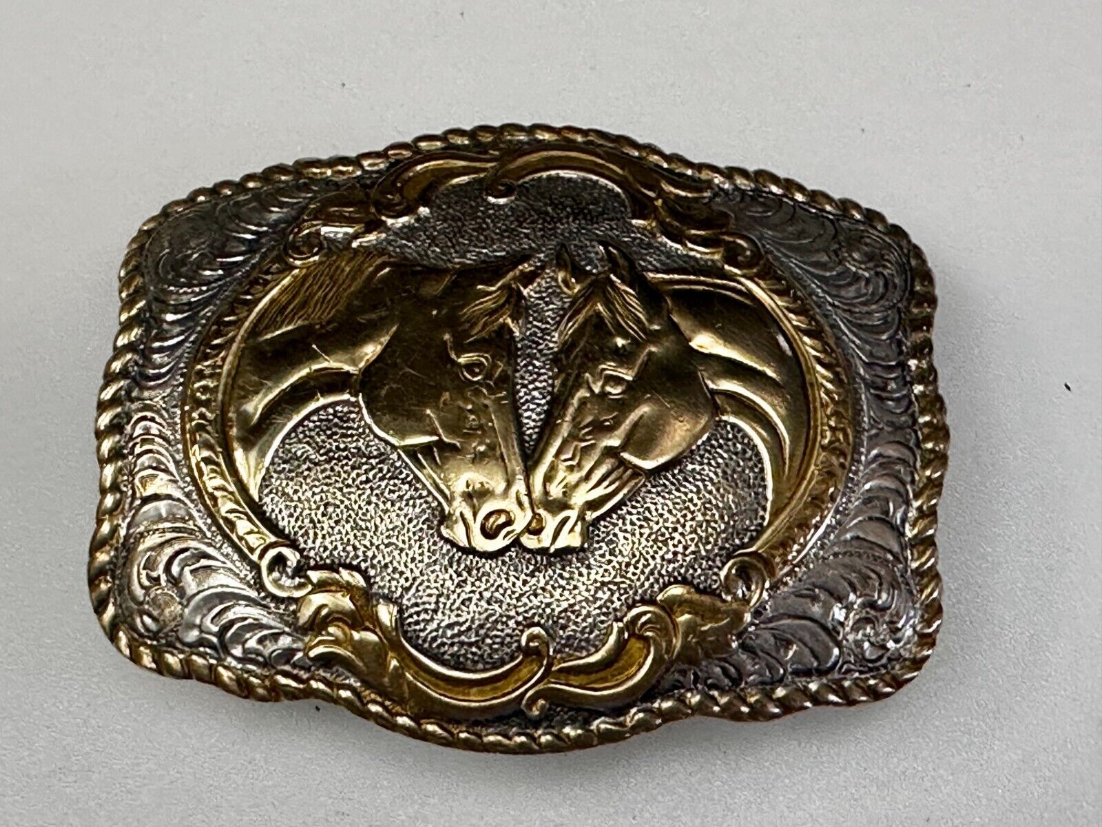 Two Horse Heads Vintage Crumrine Two Tone Western Belt Buckle