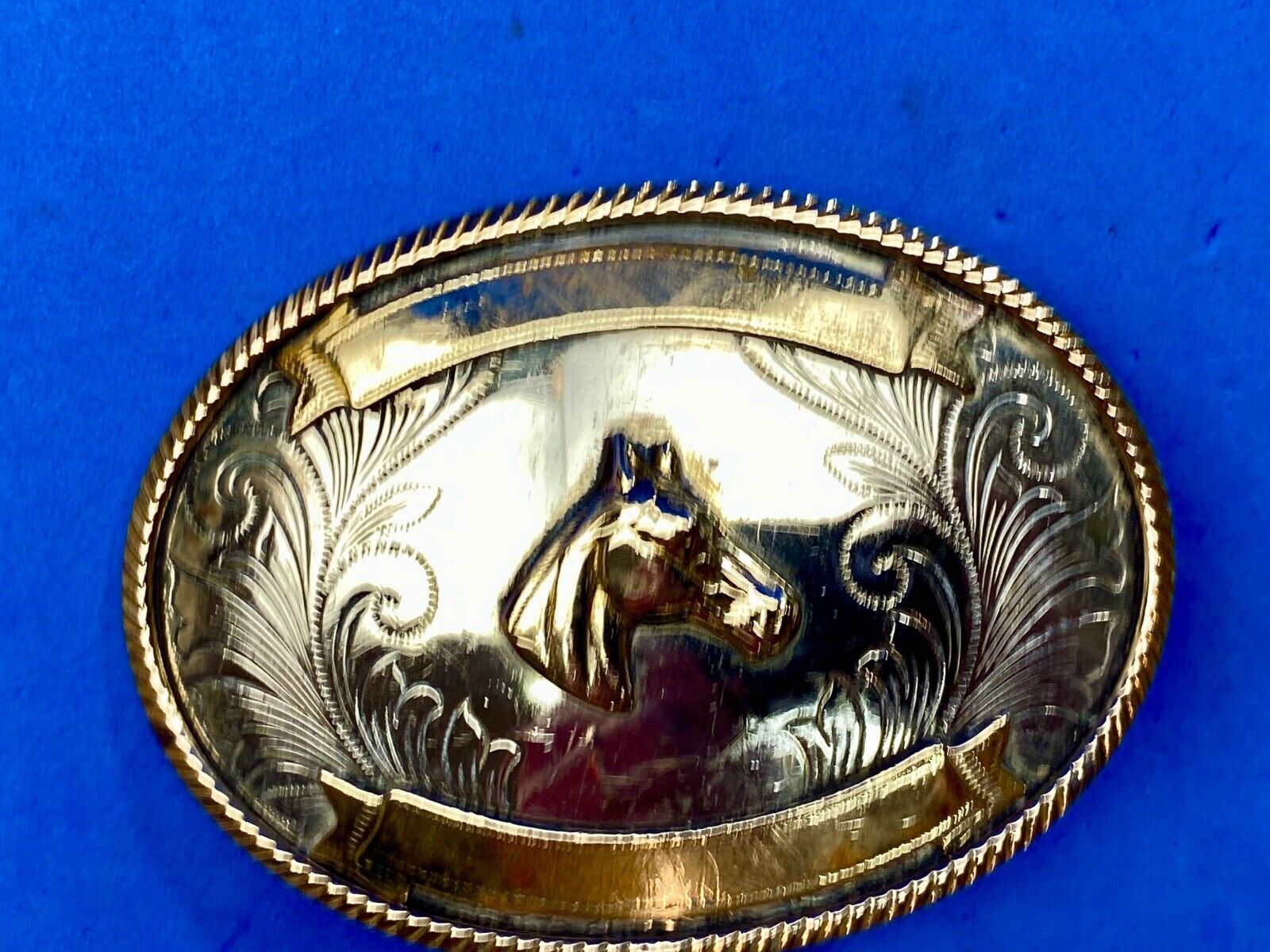 Beautiful Belt Buckle - Horse head bust made of German Silver with award scroll 