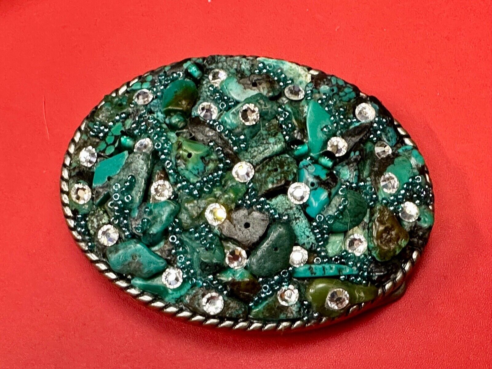 Artisan Chunky shades of Green and clear rhinestone mixed material belt buckle