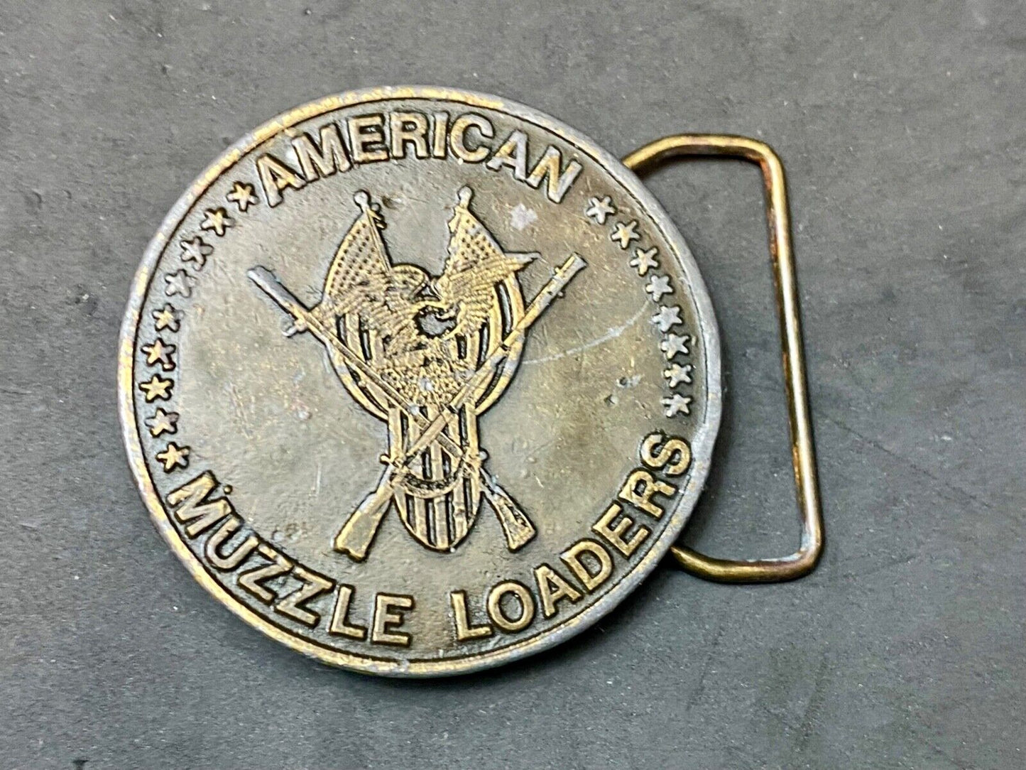 American Muzzle Loaders Vintage Tiffany Studio NY belt buckle Protect Gun Rights
