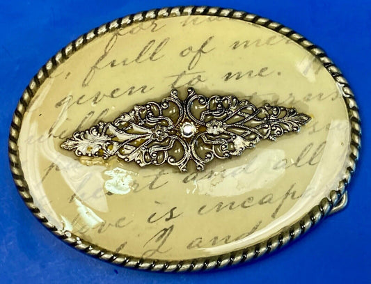 Vintage Ivan Oval Words Poem Belt Buckle With Gold Tone Centerpiece Belt Buckle