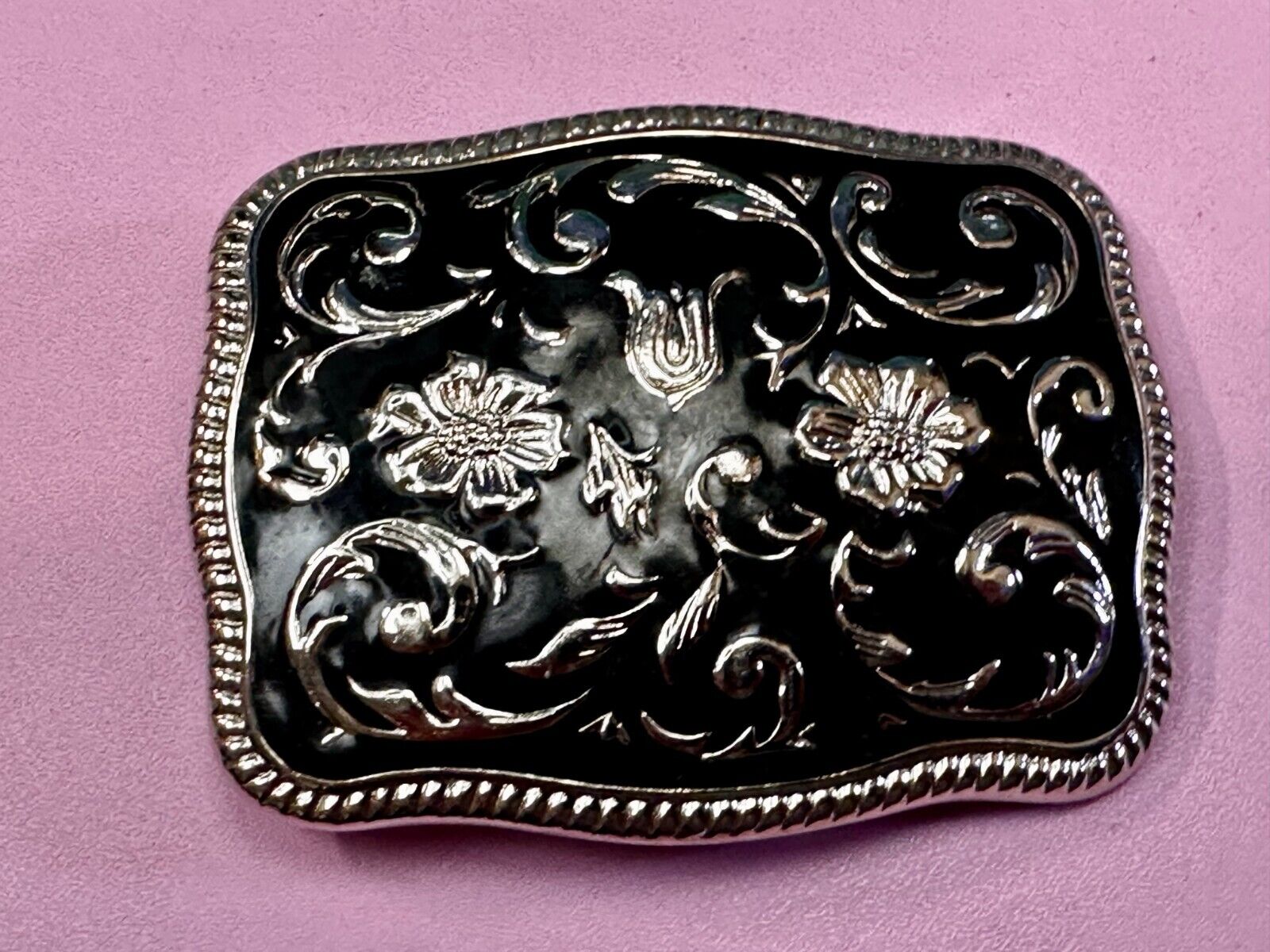 Black & Silver Color Ornate Western Flower Swirl Floral Theme Belt Buckle