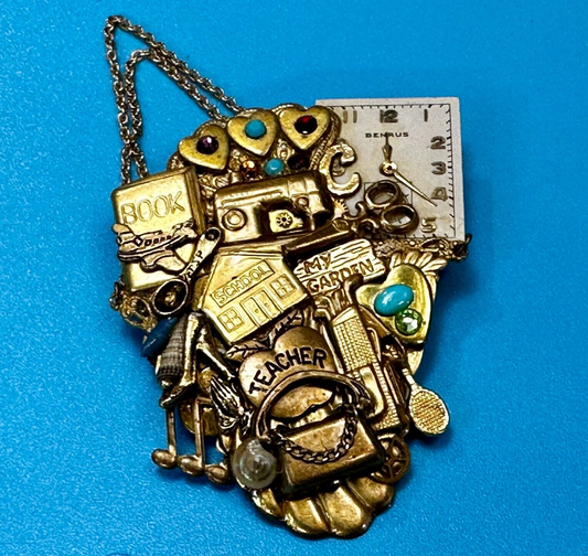 Teacher School Book My Garden Artisan Chain Charm Gold Tone Brooch Pin 2006