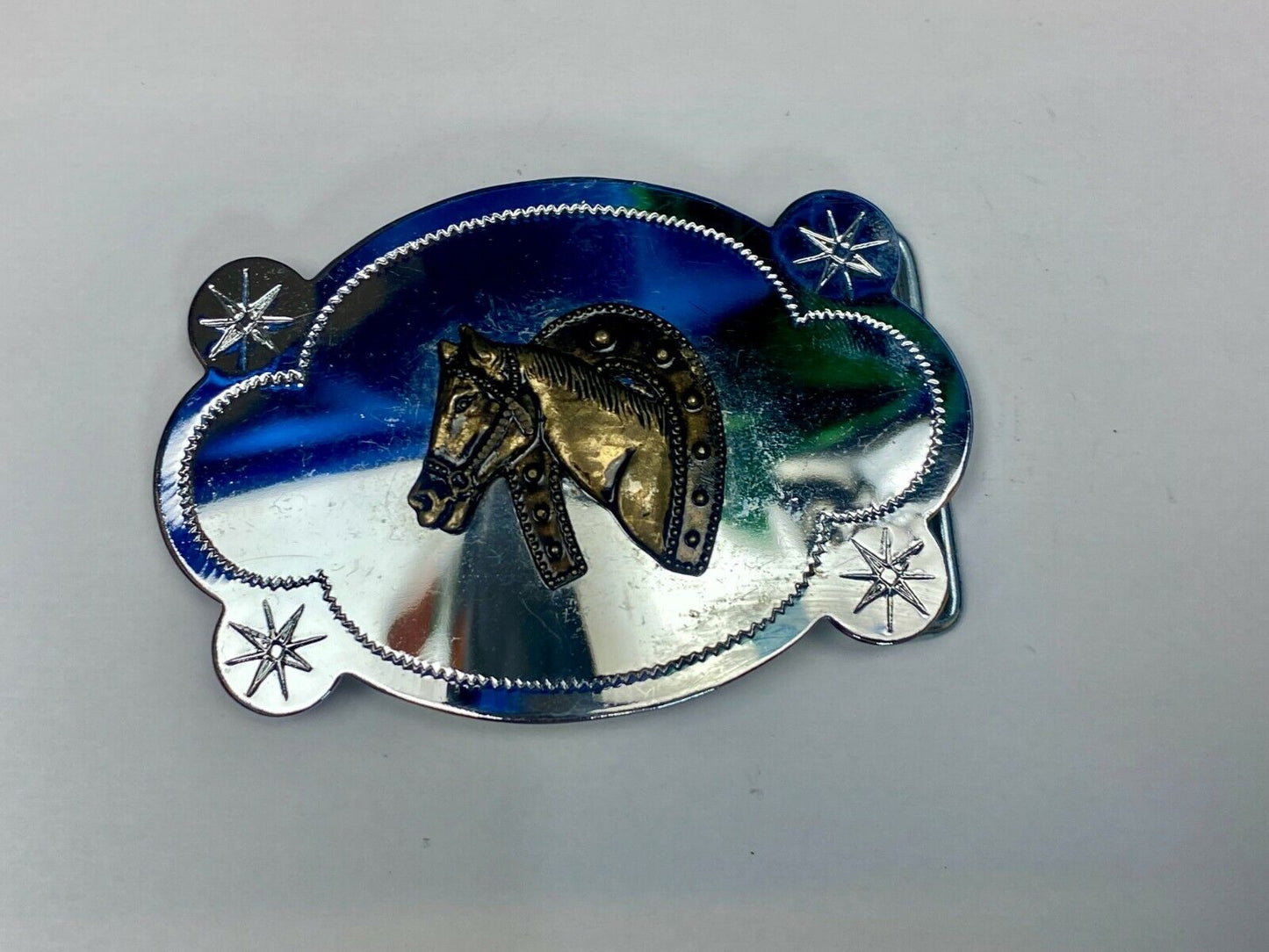 Vintage Horse Head Through Lucky Horseshoe Reflective Belt Buckle