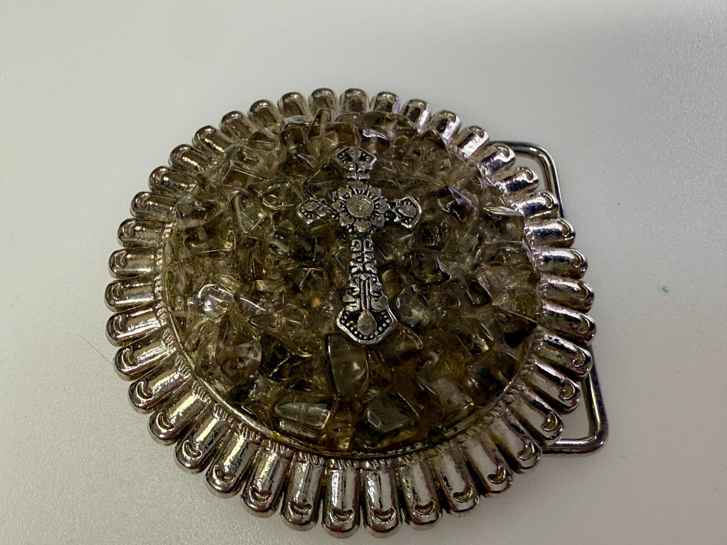 Artisan Religious Iron Cross Clear Stone Covered Unique Round Belt Buckle