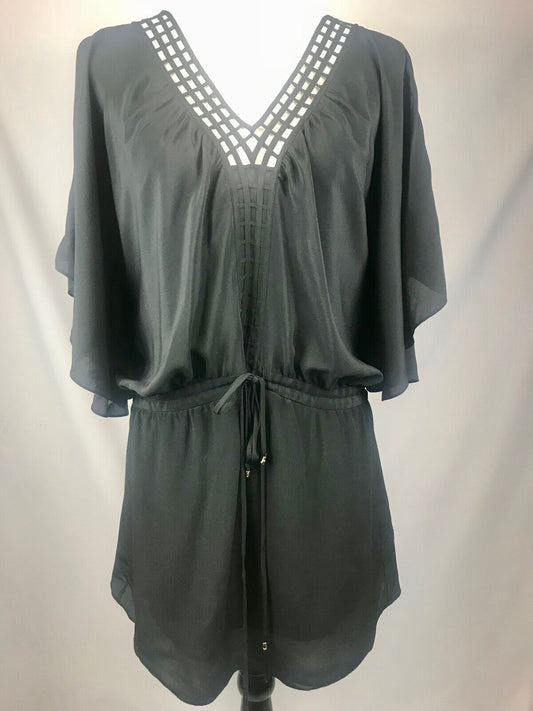 Anthropologie LEIFSDOTTIR Black Silk Dress Dolman Open Cage Sleeves Tie Waist 6
