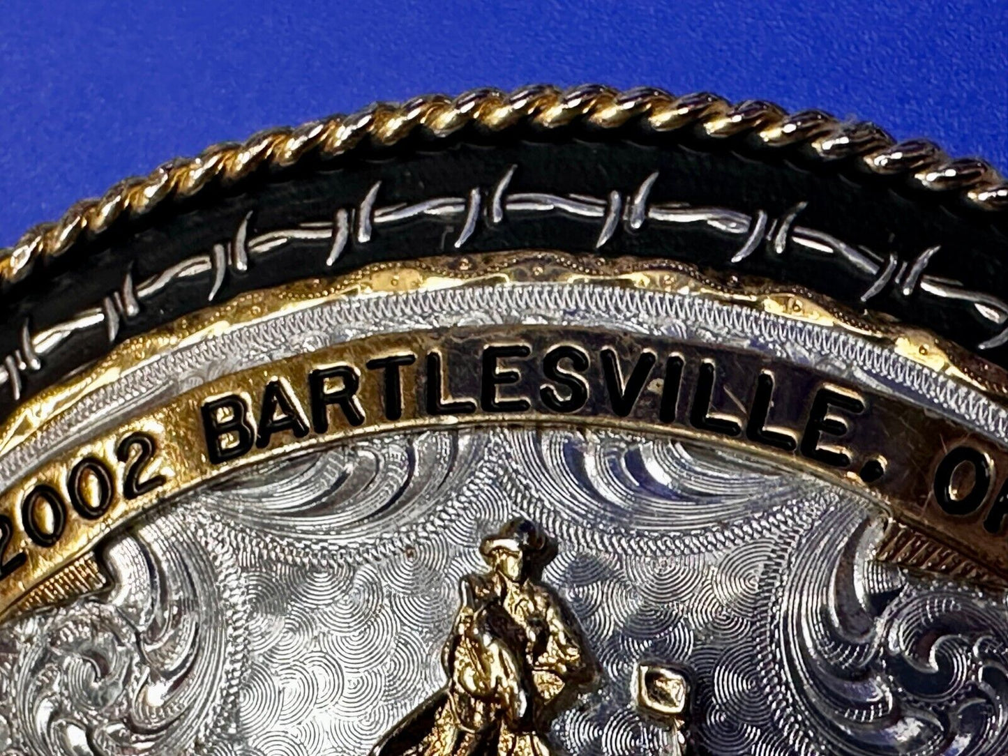 2002 Bartlessville OK Rodeo Trophy Chad Bradley Montana Silversmiths Belt Buckle