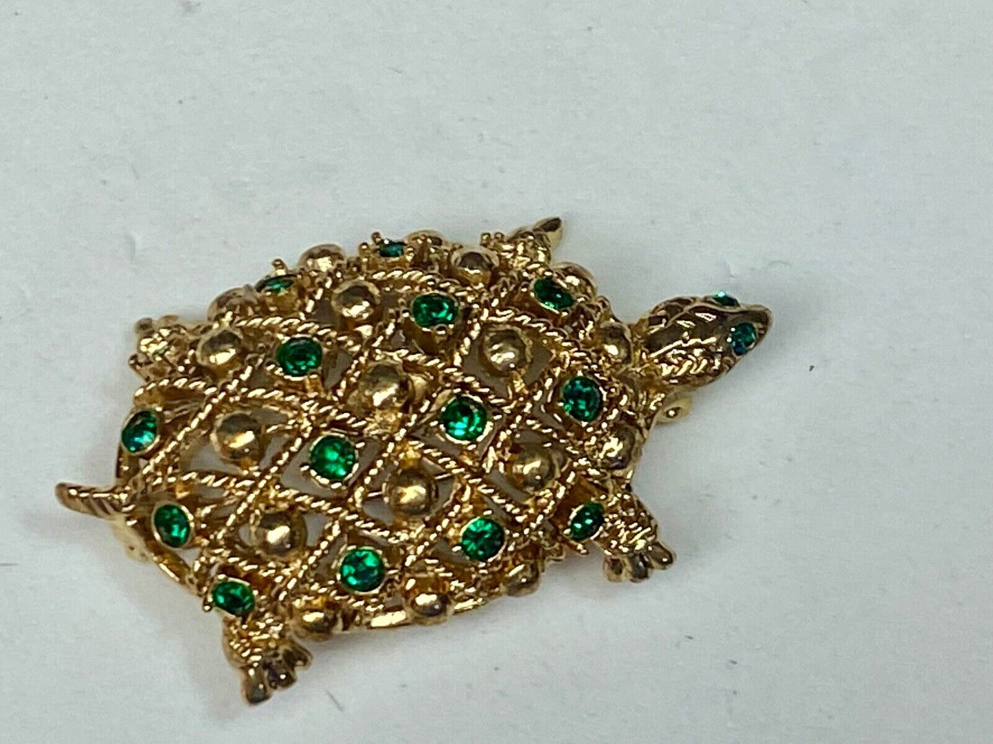 Turtle - Vintage Green Rhinestone Accented Gold Tone Brooch Pin by Allison Reed