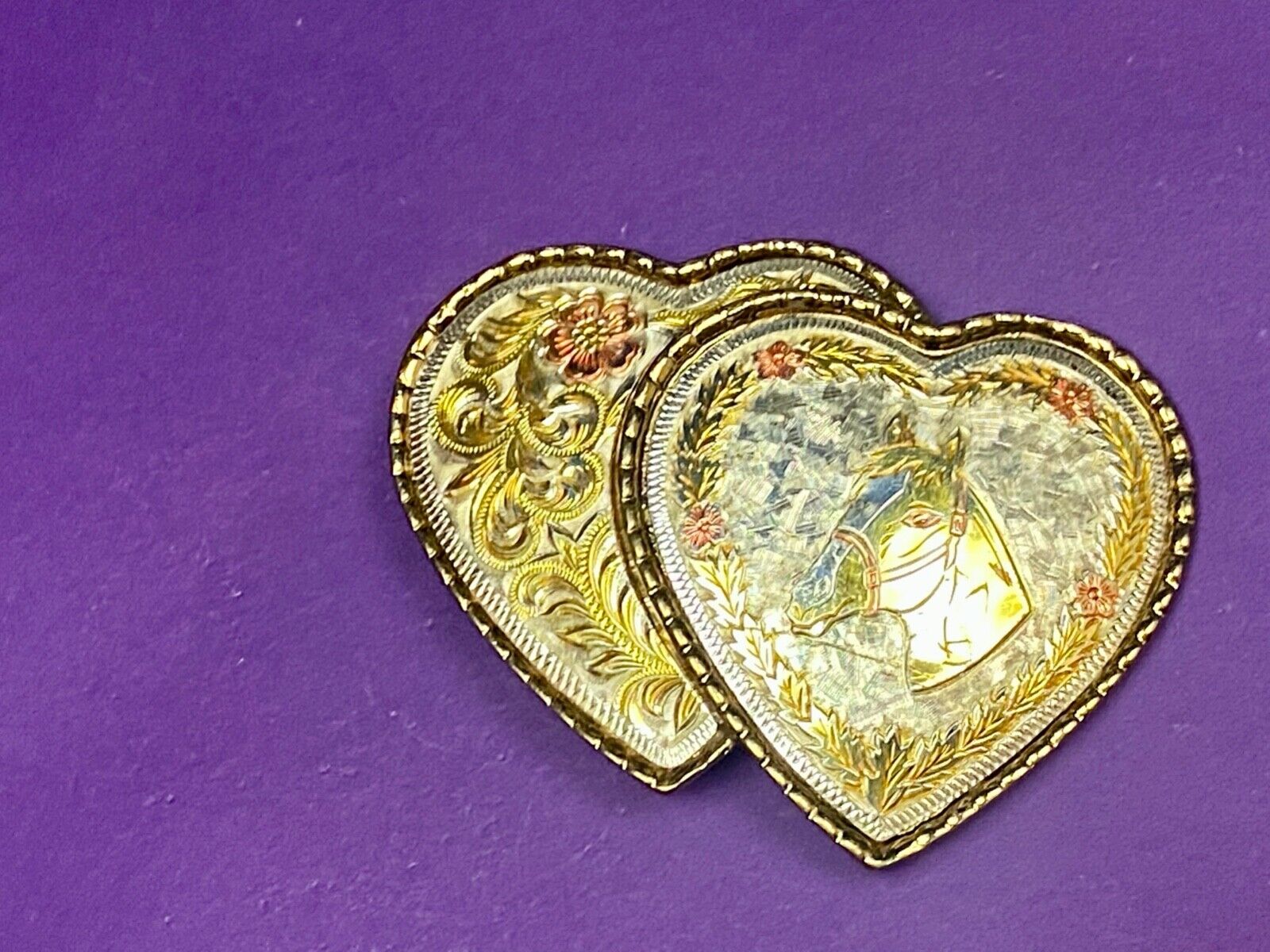 Two Hearts - Horse Head & Ornate Flower Swirl Cut Out Etched Belt Buckle - W