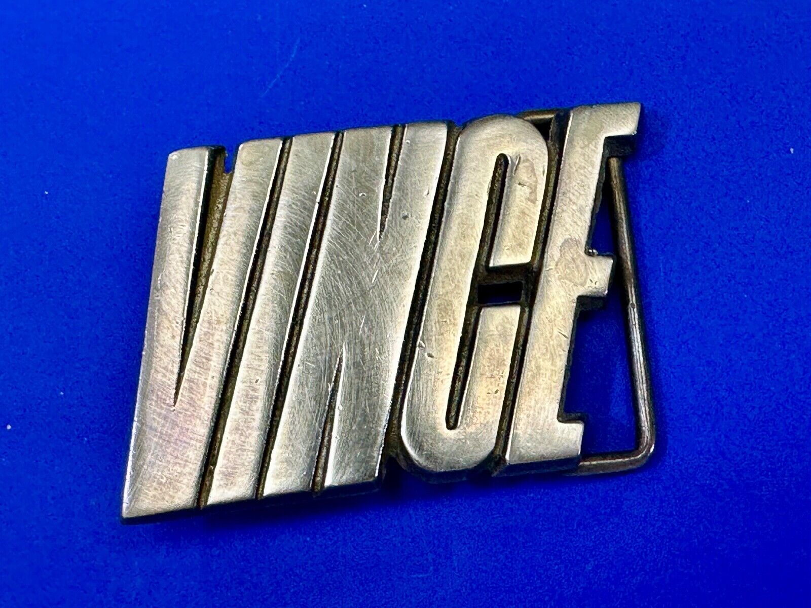 VINCE  custom name cutout block letter solid brass belt buckle by Baron Buckles