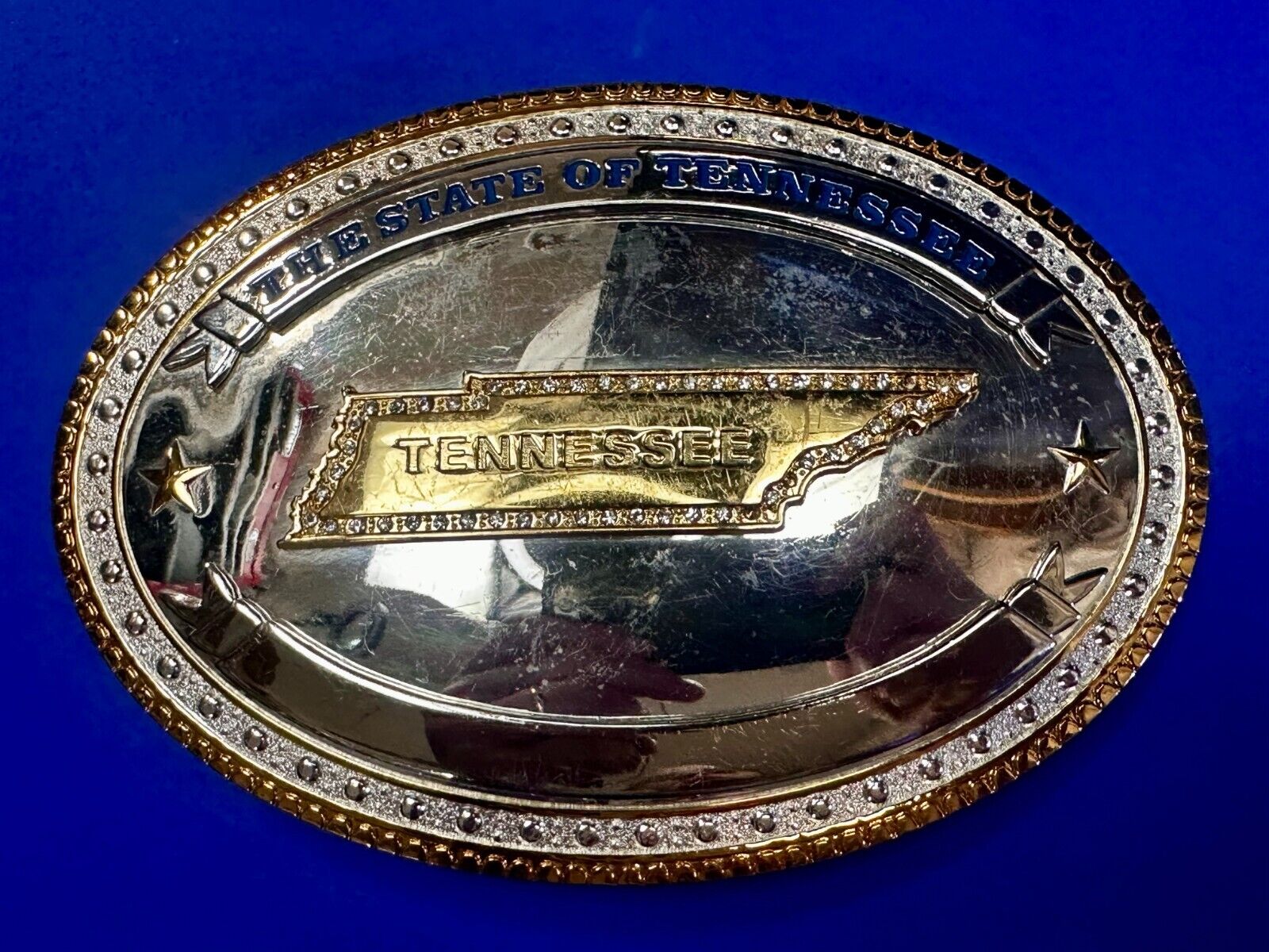 The State of Tennessee with Rhinestone Accents Two Tone Large Belt Buckle by ATI