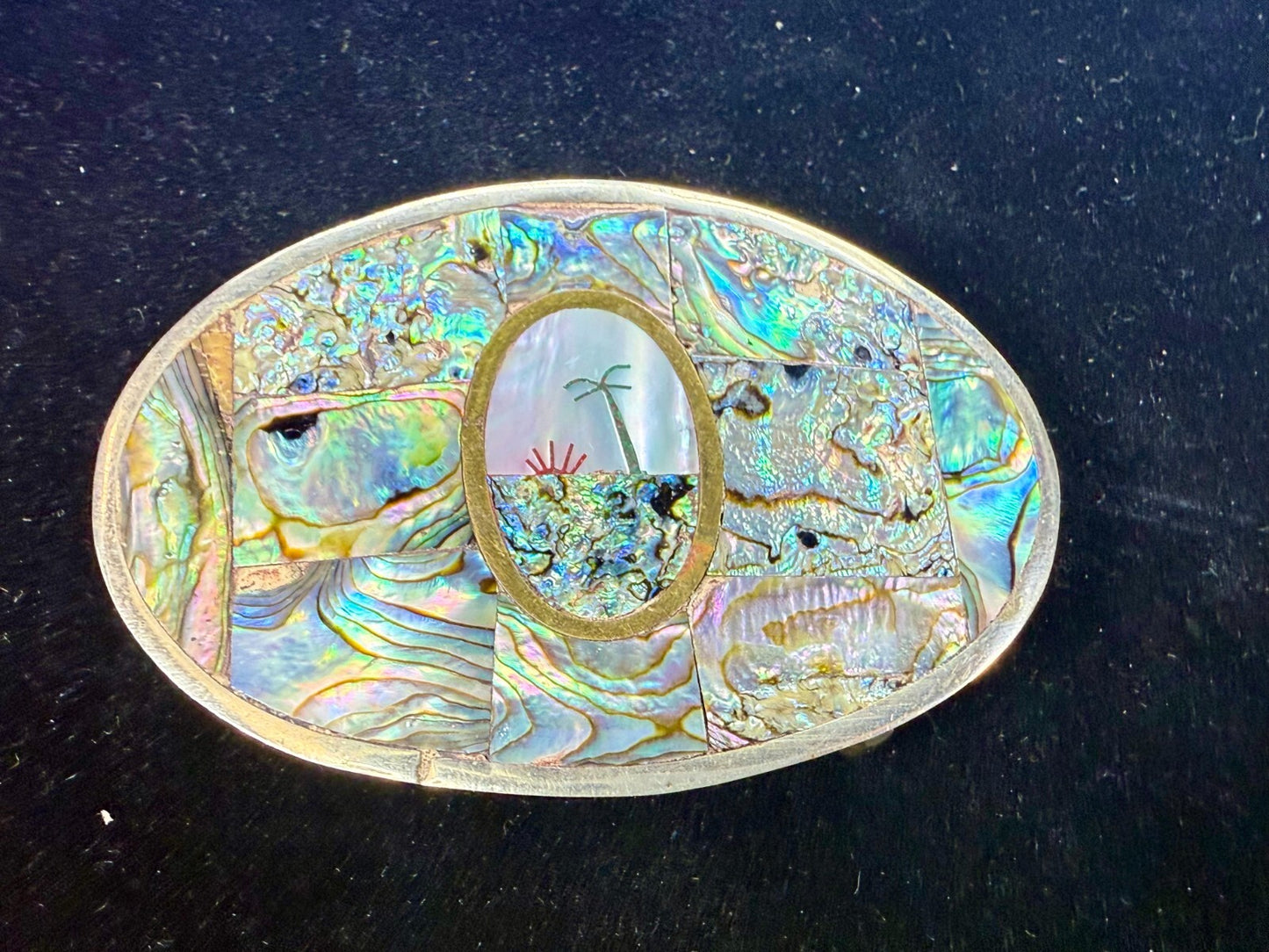 Abalone Shell Mother of Pearl Inlay Beach Scene Belt Buckle Hencho en Mexico