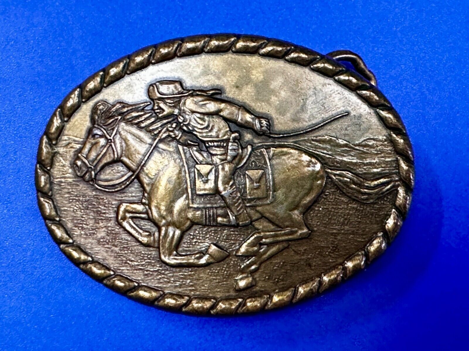 Vintage 1981 Pony Express Rider Mervyn's Commemorative Brass Tone Belt Buckle