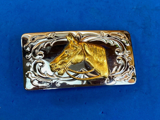 Usa Made Horse Head Bust Mixed Metal Belt Buckle 