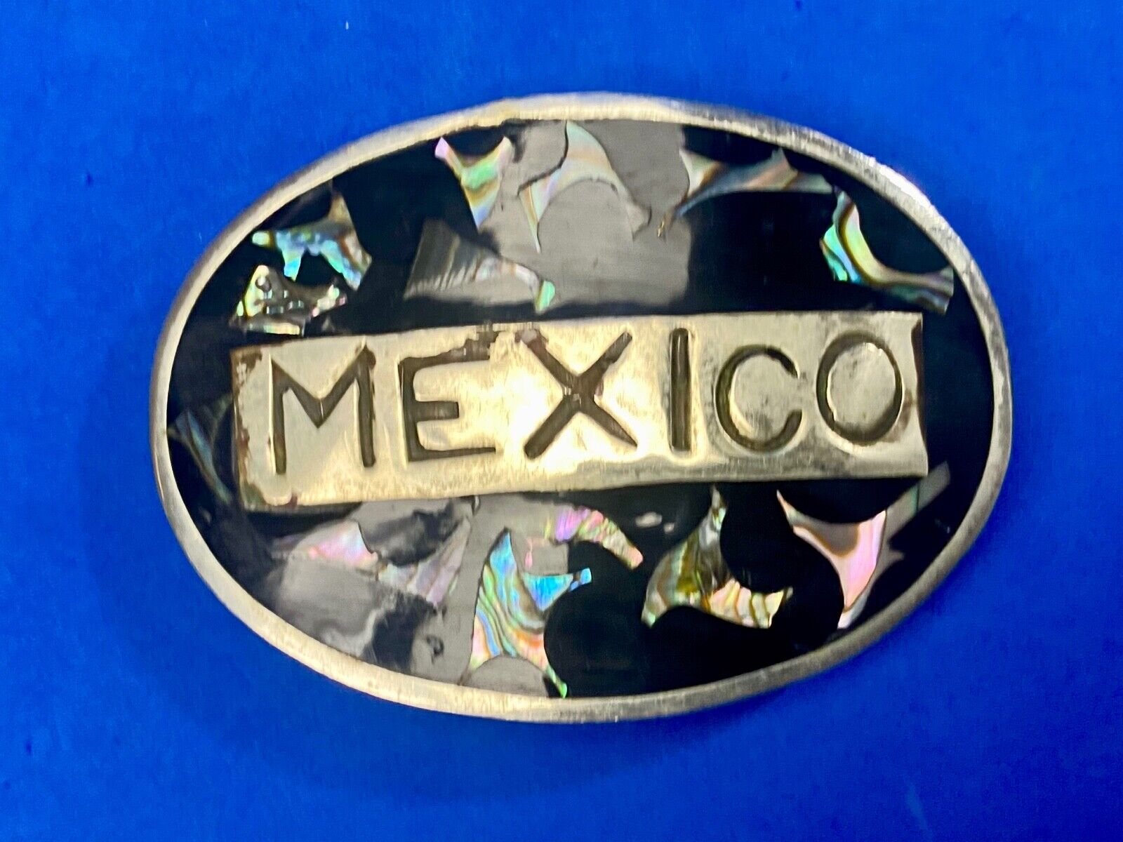 Vintage Inlaid Mother of Pearl MEXICO Spelled Out country belt buckle 