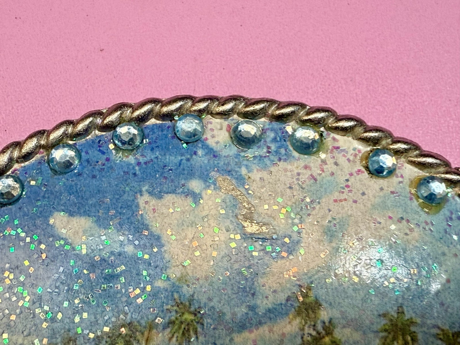 Tropical Island Paradise Picture Vintage Rhinestone Border Oval Belt Buckle