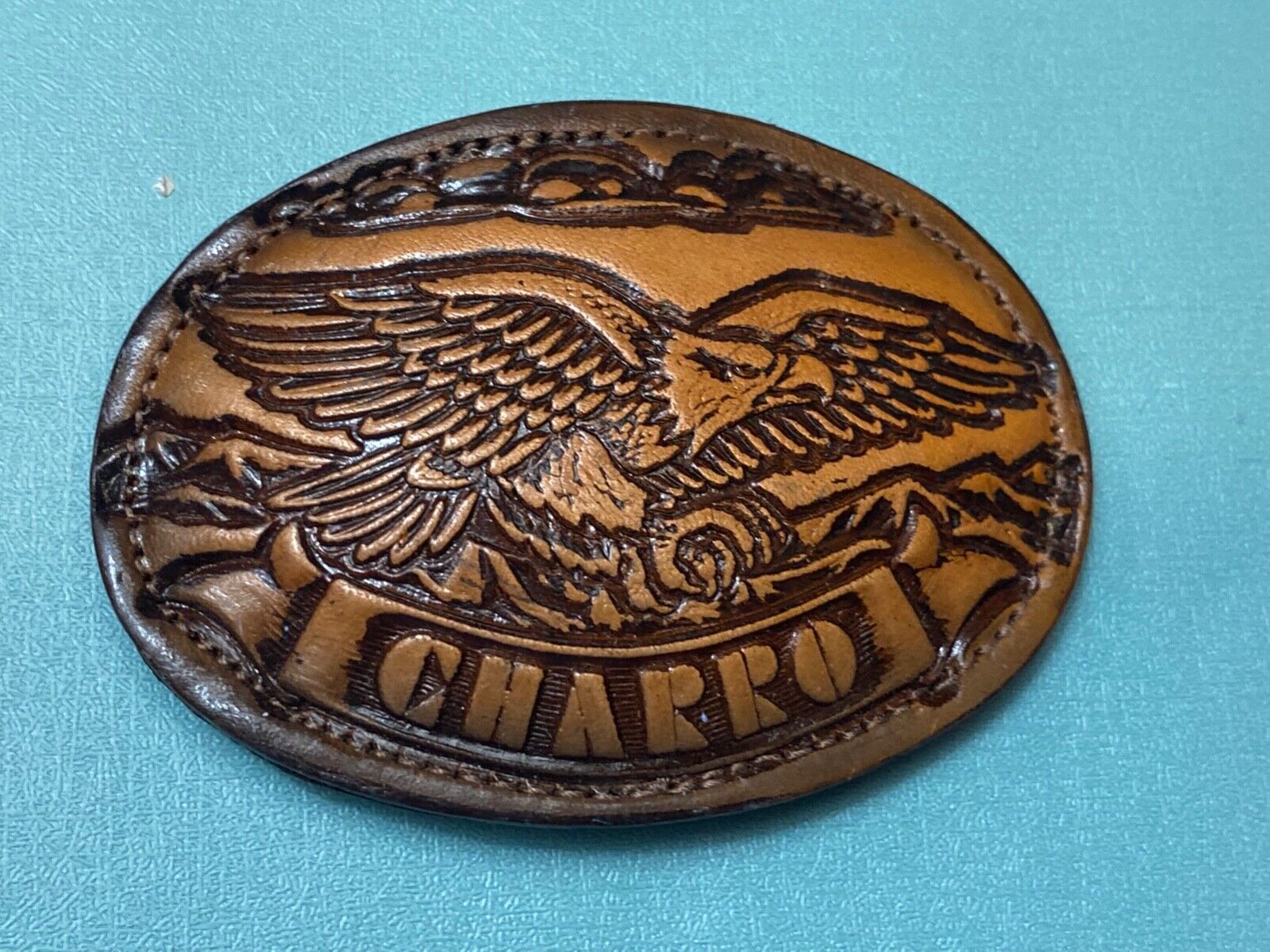 920 Charro - Hunting Eagle claws out - Vintage large oval leather belt buckle