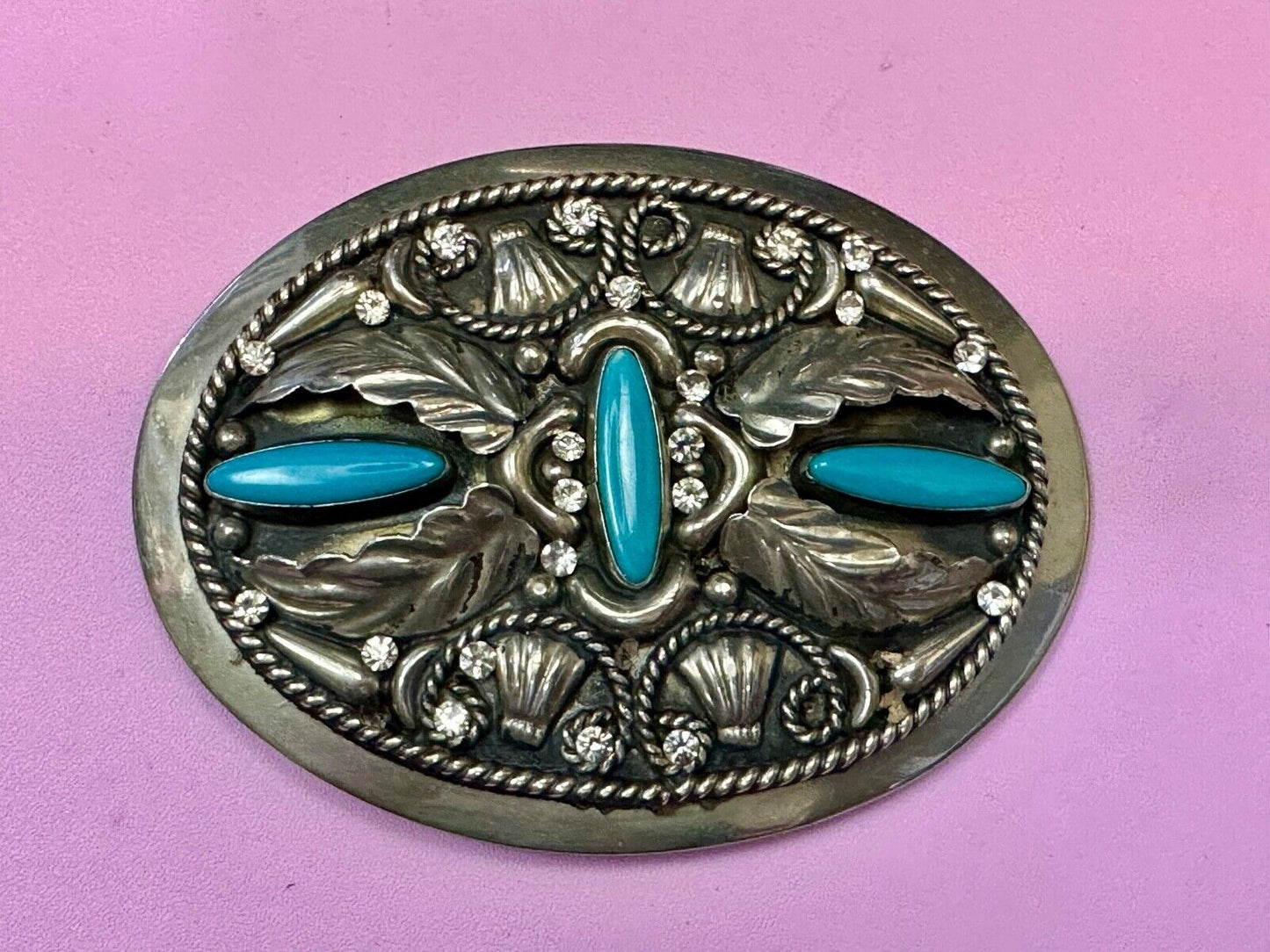 Vintage Faux Turquoise and Feather's Beautiful Alpaca Mexico Stamped Belt Buckle