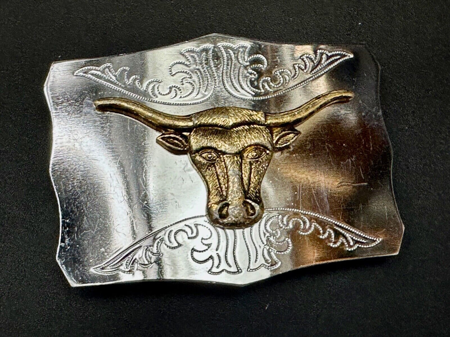 Two tone Raised Longhorn Cow Steer on Vintage Belt Buckle made in Japan