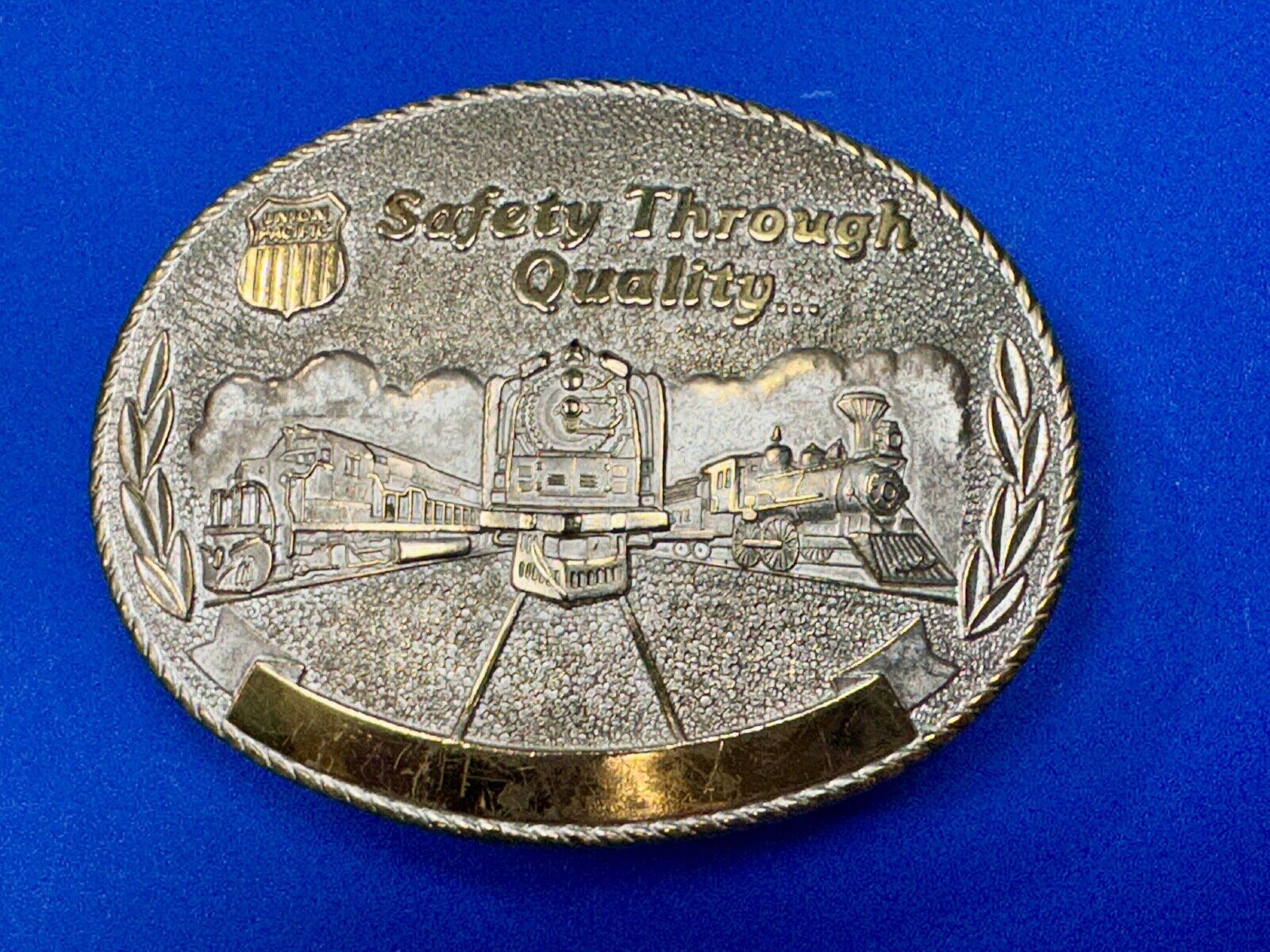 Union Pacific Rail Road SAFETY THROUGH QUALITY Train Engine STOTTS belt buckle