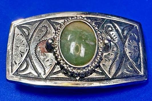 Vesuvianite? Cabochon Cab Centerpiece - Western silver & black color Belt Buckle