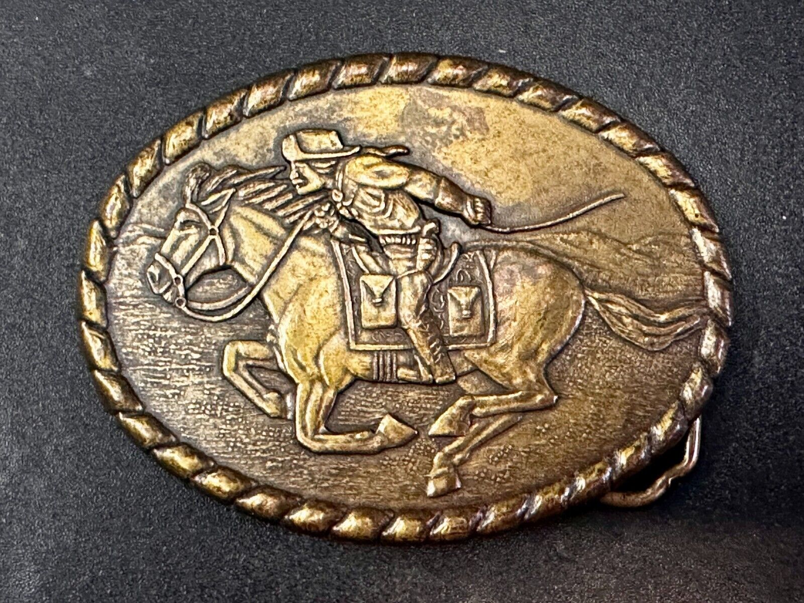 Vintage 1981 Pony Express Rider Mervyn's Commemorative Brass Tone Belt Buckle