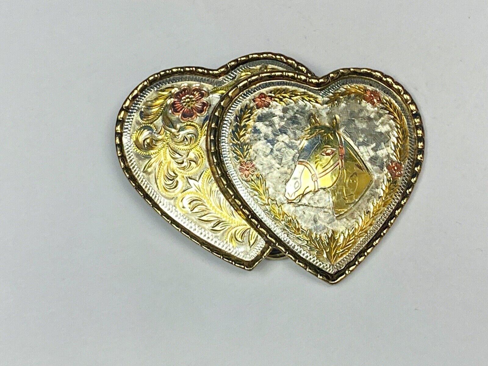 Two Hearts - Horse Head & Ornate Flower Swirl Cut Out Etched Belt Buckle - W