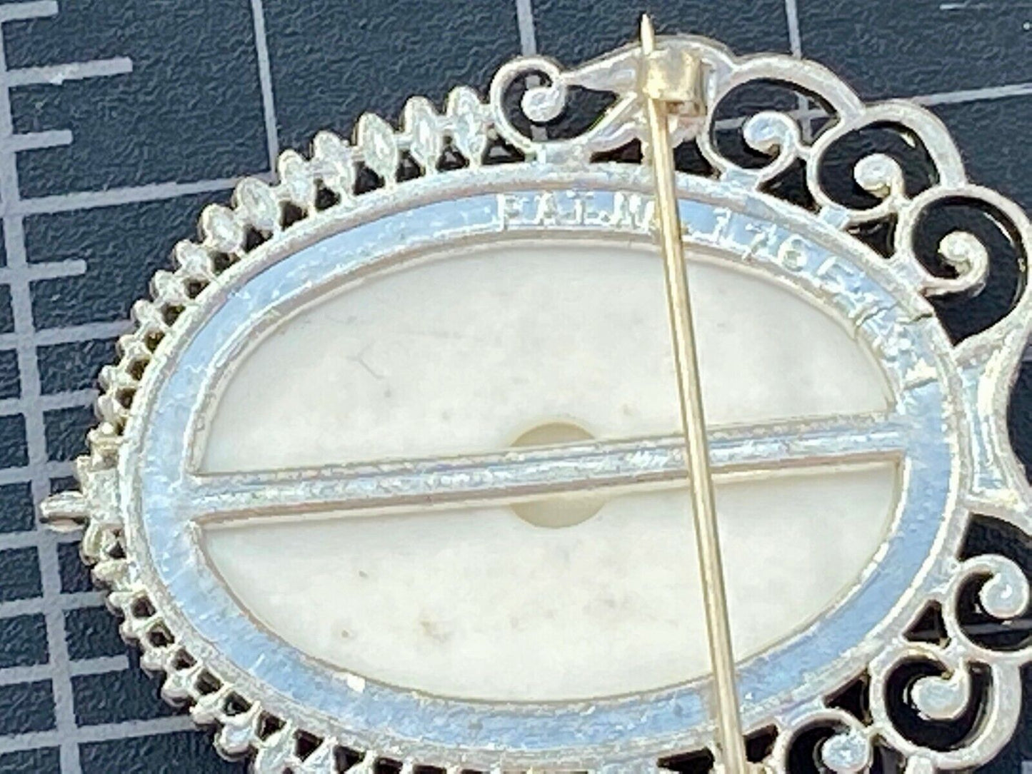 Victorian Courting Couple - Porcelain Painting Silver Tone Cab Oval Brooch Pin