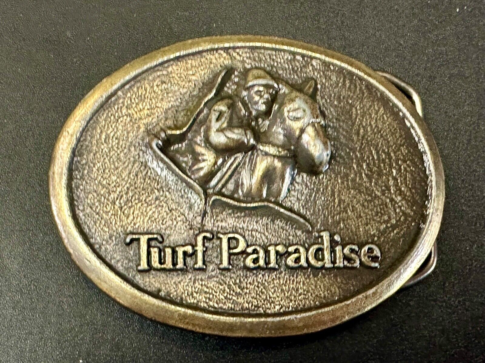 TURF PARADISE ARIZONA HORSE RACING TRACK VINTAGE BRASSTONE BELT BUCKLE