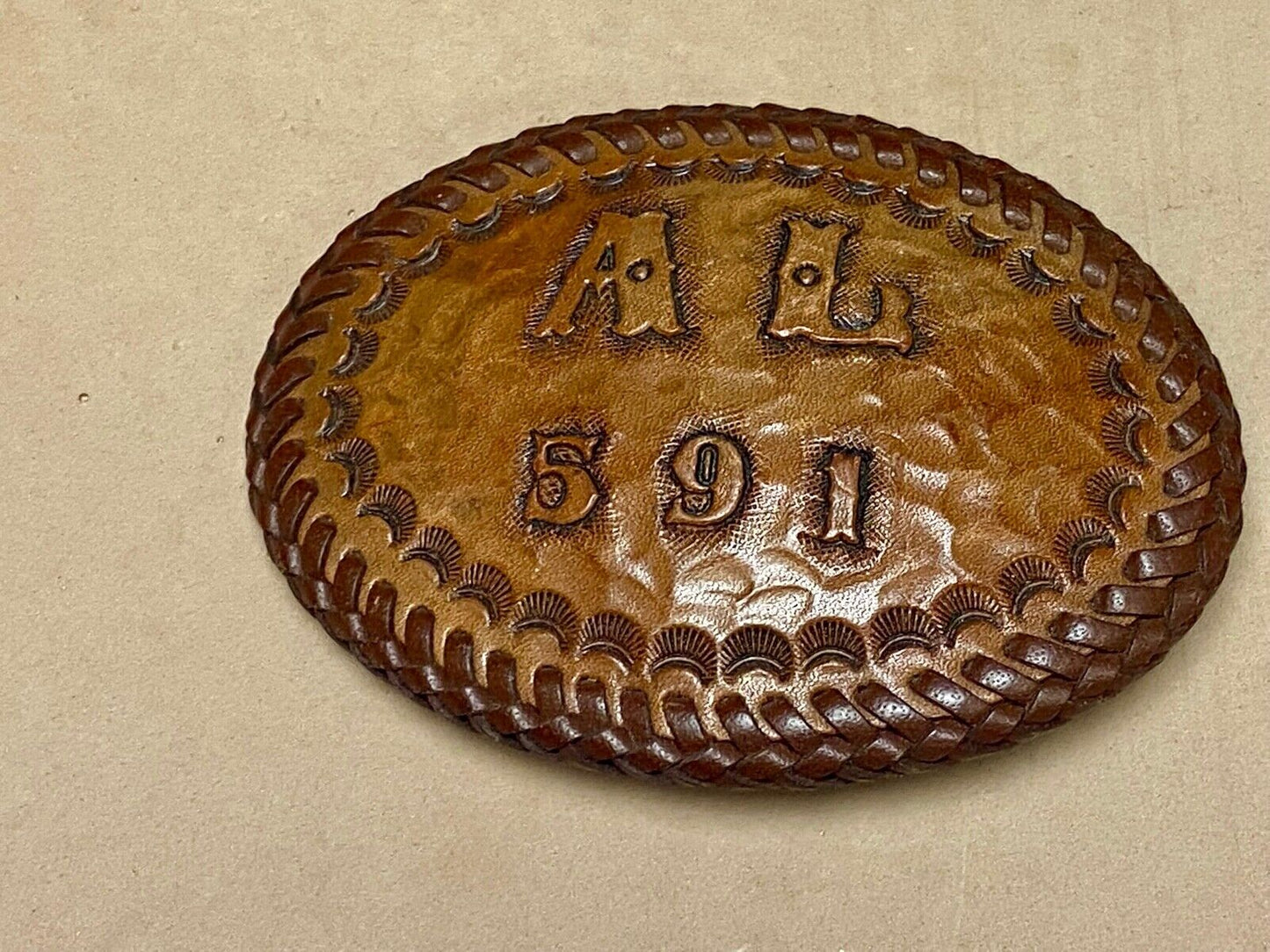 Al 591 Large Leather Tooled Stitched Name Western Belt Buckle.